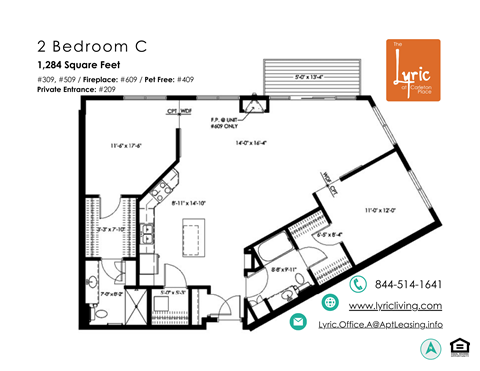 Floor plan for 2 beds, 2 baths, 1284 sqft
